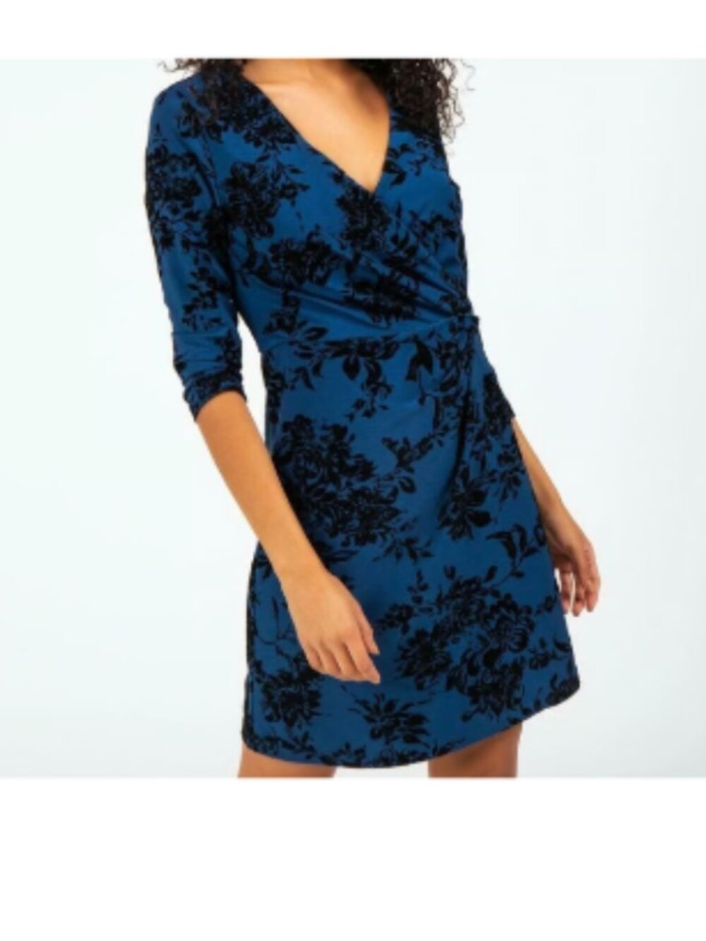 Alya Women's Velvety Floral Print Lined Side Knot Dress Navy Blue Size xxs